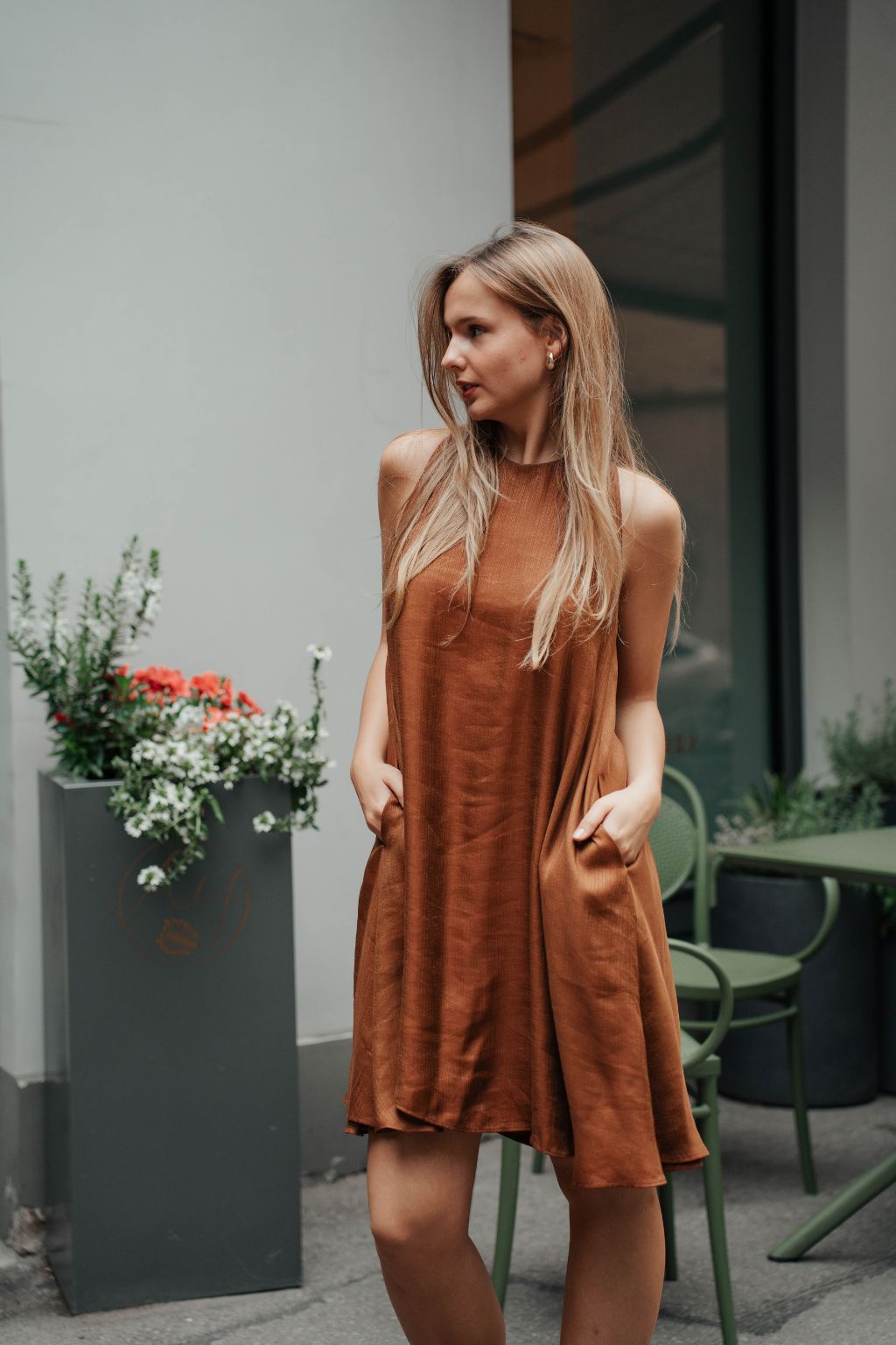 Caramel silk and linen mini dress - Paris collection front view.