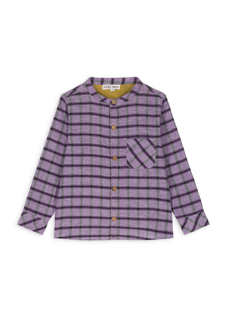 Checkered boys shirt in purple organic cotton – sustainable kids fashion by Louise Misha, shop online at Milimilu HK SG AU