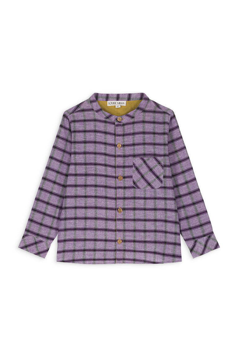 Organic cortton boys shirt combines classic elements with a modern twist through its purple check pattern by Louise Misha. Shop the best boys clothing online.