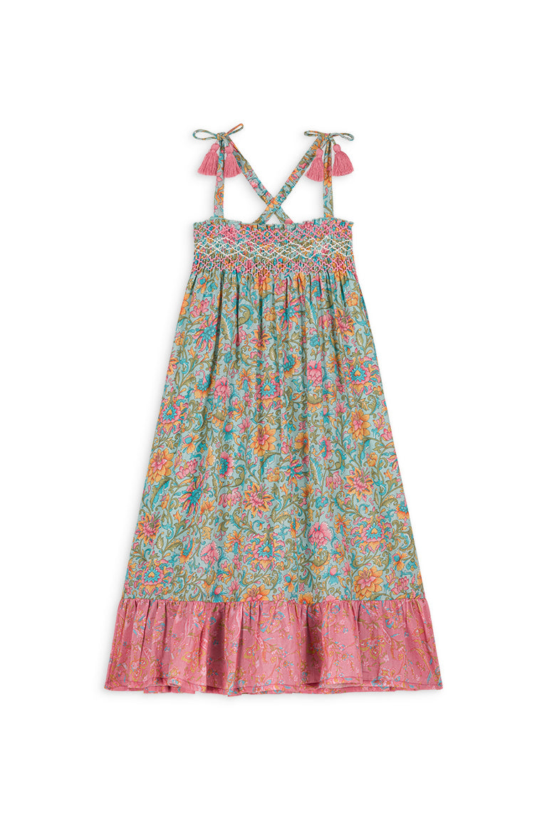 The long girls' summer dress, Marcelina, in water flower print pink, is perfect girl summer dress. The girl long dress have adjustable straps ( to fit you longer) is made with organic cotton by Louise Misha and is part of Mini Me fashion.  Shop girls dresses and kids summer clothing online at MiliMilu.