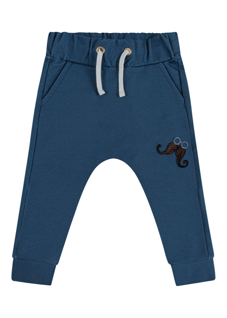 Organic cotton dark blue kids joggers with moustache emroidery and drawstring adjustable waist