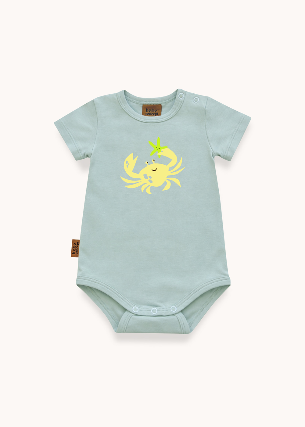 Flat lay of Hebe crab print baby bodysuit in aqua blue – 95% organic cotton, made in Latvia