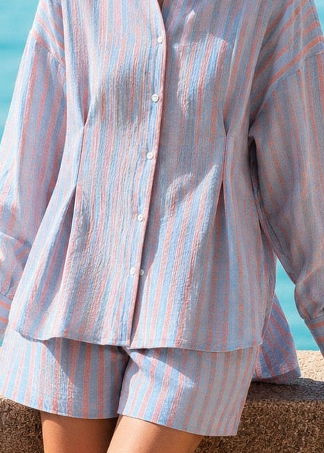 Women's blue & orange striped cotton shirt and shorts co-ord set by Hebe — sustainable summer outfit | MiliMilu HK SG AU UK JP
