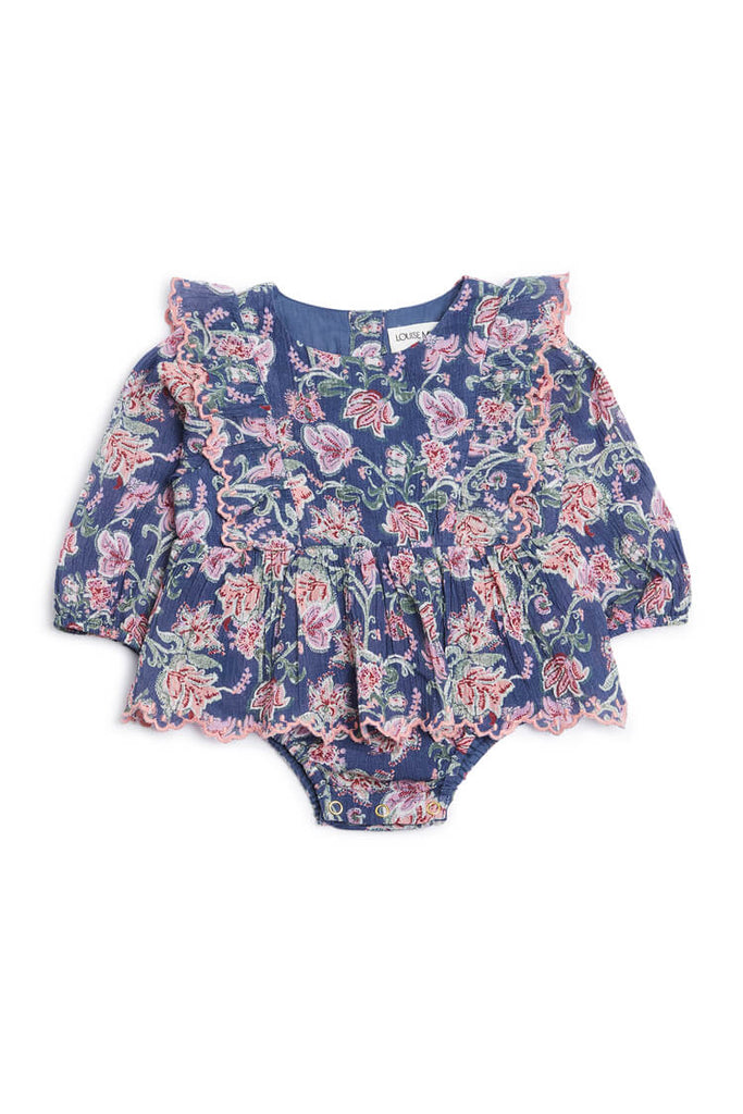 Organic cotton baby romper with blue wildflowers is made with organic cotton by Louise Misha. Organic cotton romper is girly, stylish and practical - easy to get dressed and change. MiliMilu offers sustainable and organic cotton clothing for babies online in Hong Kong and Singapore, The best baby gift and baby shower.