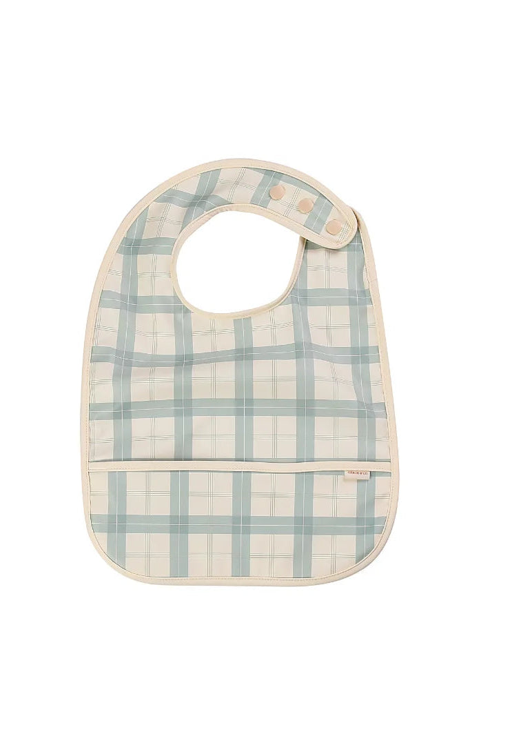 Grech & Co sustainable baby bib in fern plaid – OEKO-TEX certified PU with adjustable button closure