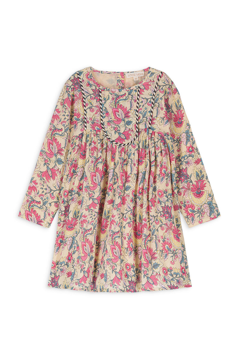 Shop organic cotton girls dresses with bohemian flowers by Louise Misha online in Hong Kong and Singapore. This bohemian-inspired flower girls dress can be worn in summer and winter as it is lightweight and breathable dress. Louise Misha girls dresses on sale, Louise Misha in Hong Kong on sale. Girls muslin dresses.