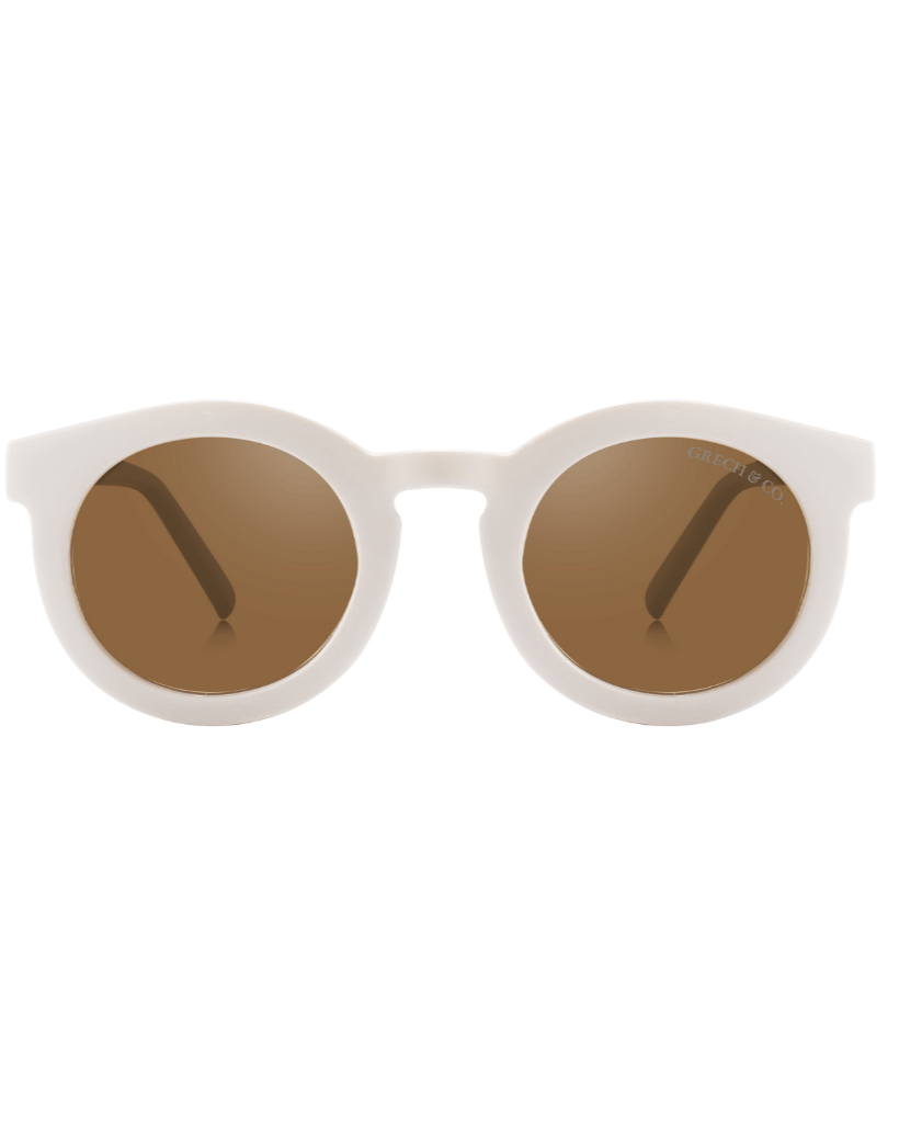 A pair of white-framed baby sunglasses with polarized lenses.