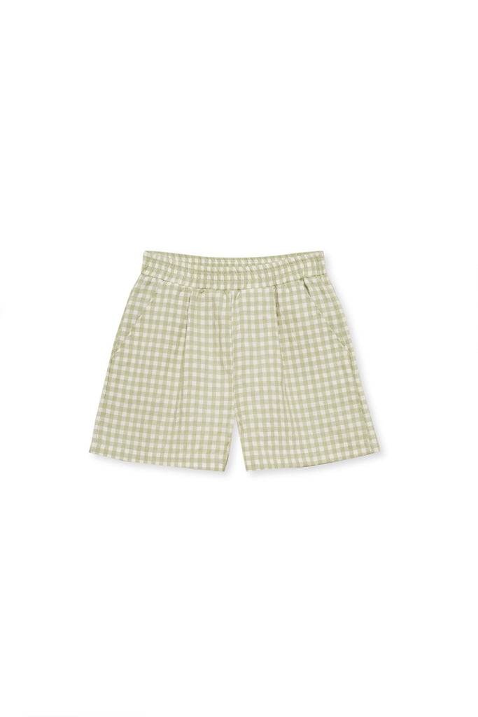 The organic cotton kids' shorts with green tea checks come with front pleats and side pockets.  The organic cotton kids' sorts are breathable, lightweight and the best for summer and holidays. Shop stylish and comfortable kid's shorts and sustainable kids' clothing online at MiliMilu in Hong Kong and Singapore.