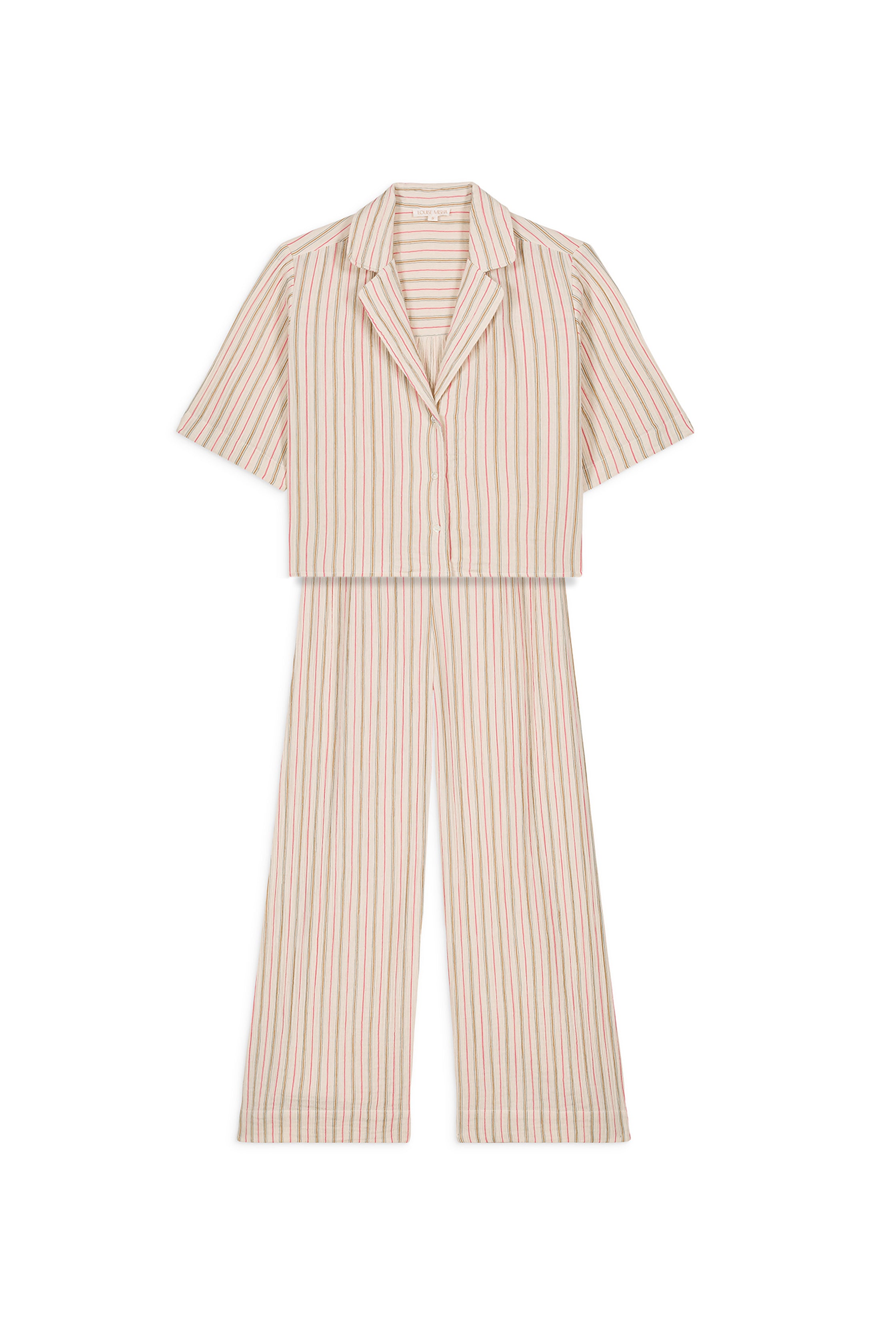 The breathable organic cotton pyjama set features a loose fit, a slightly cropped top with a neck collar, shirt sleeves with side slits, and an elastic waistband for added comfort—designed by Louise Misha in beautiful stripe patern.