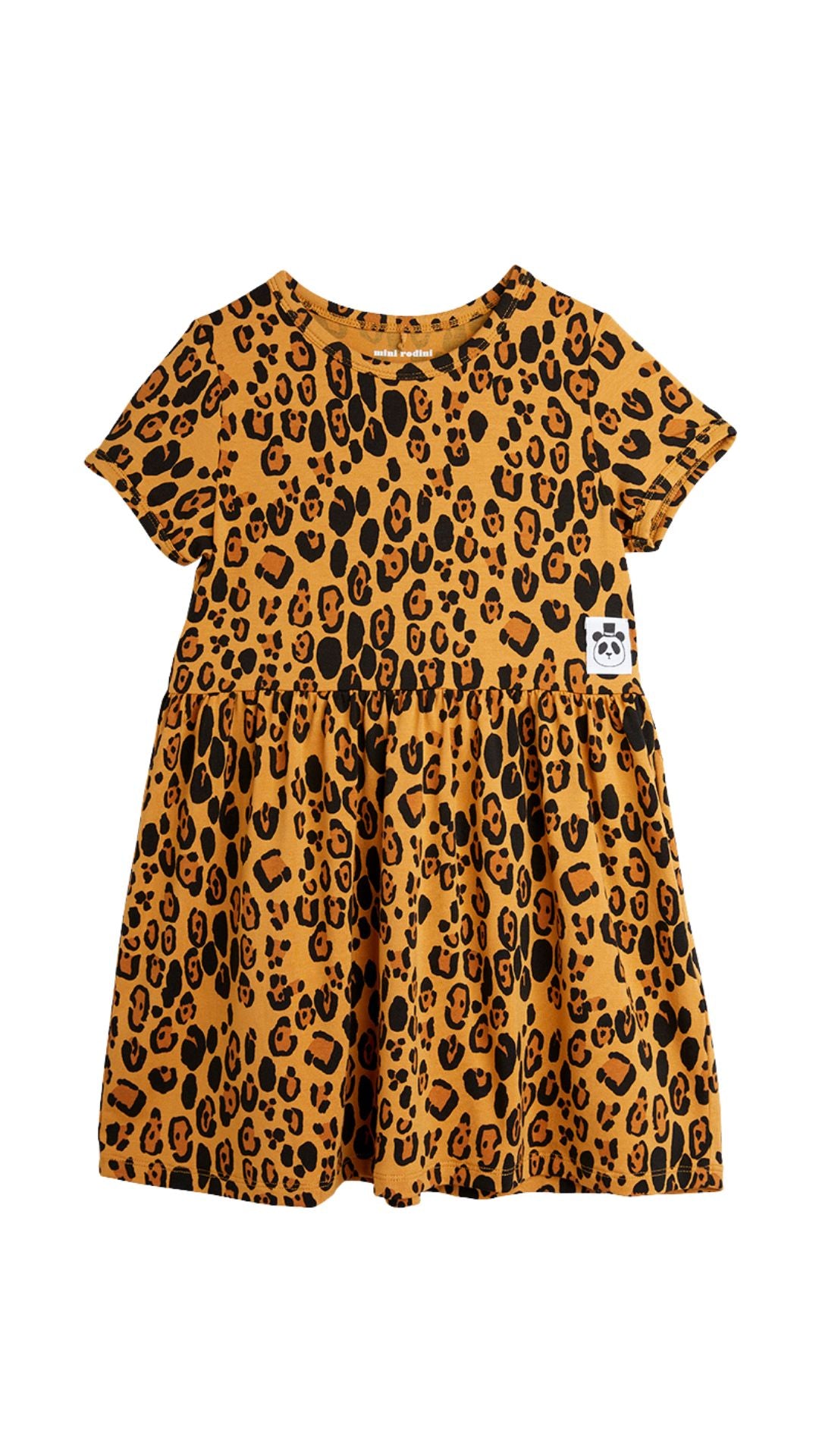 Mini Rodini sustainable kids collection includes daily basics and breathable clothing. This leopard print dress has short sleeves & is made with TENCEL Lyocell.