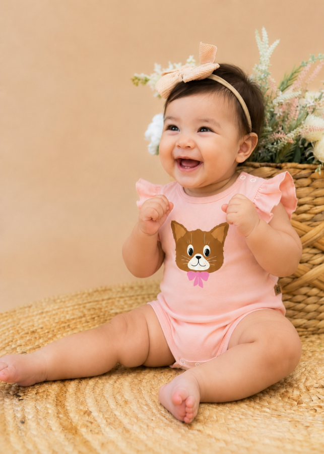 Baby wearing light pink cat print bodysuit with flutter sleeves – organic cotton onesie by Milimilu