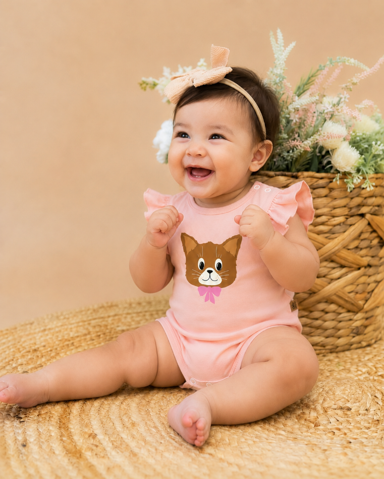 Baby wearing light pink cat print bodysuit with flutter sleeves – organic cotton onesie by Milimilu