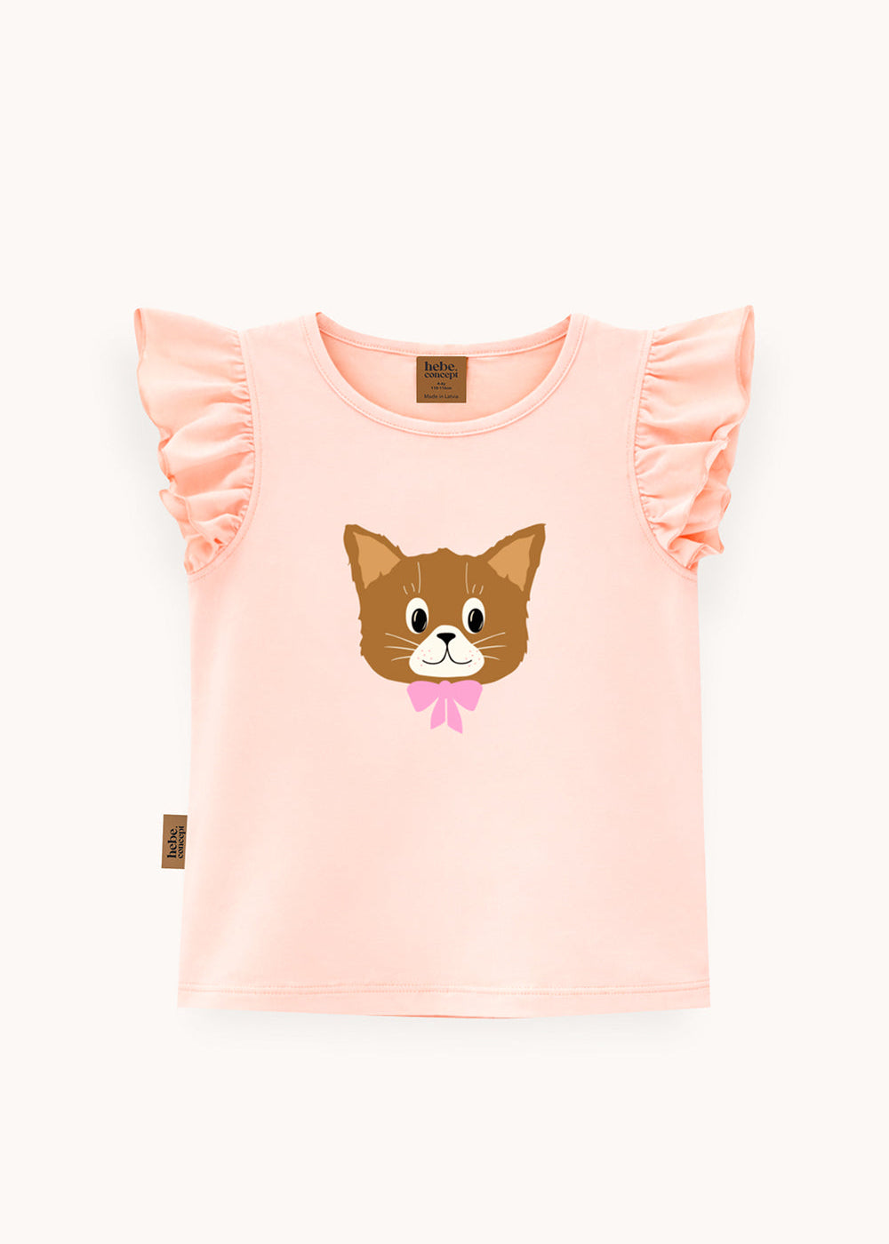 Flat lay of pink cat print girls top with ruffle sleeves – 95% organic cotton, made in Latvia