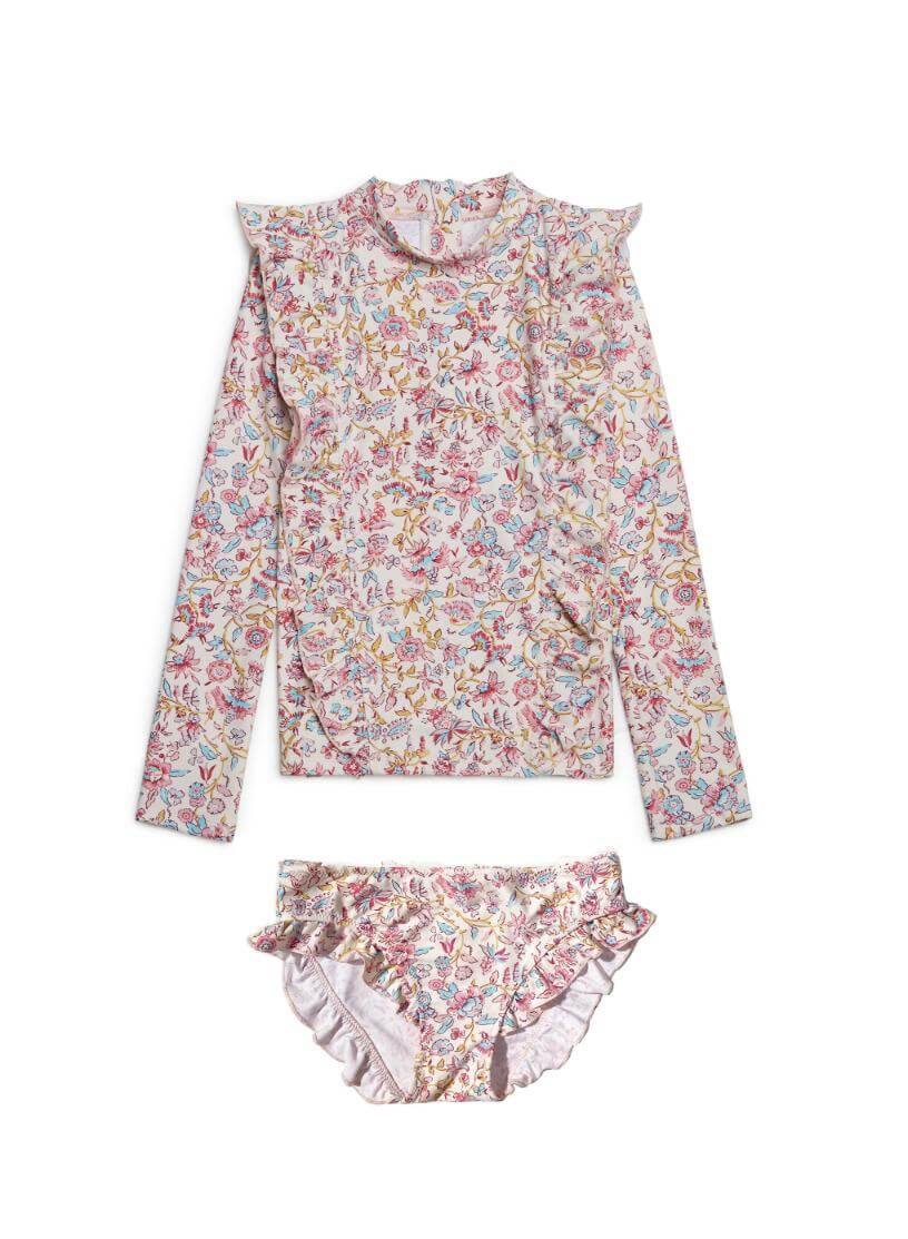 The most popular girls swim set in cream Padma mundra,  made with recycled materials  SPF& 50 sun protection by Louise Misha. Shop girl's swimwear online.