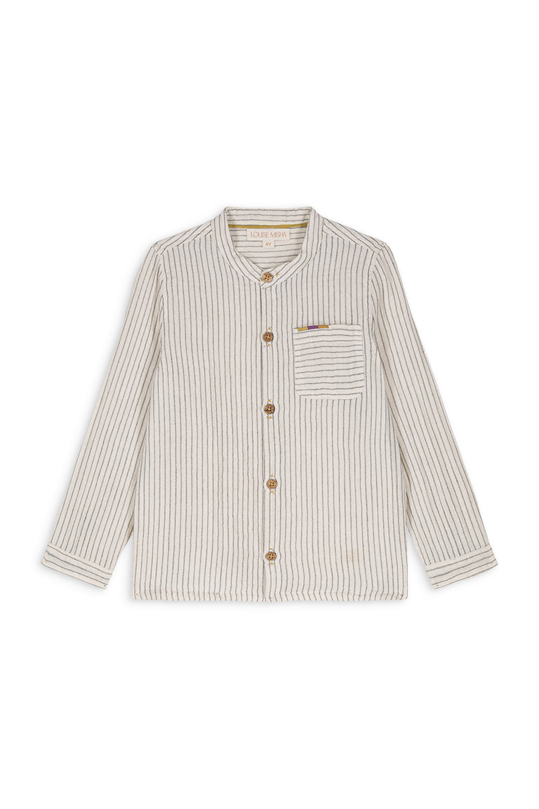 Shop cream stripe patterned shirts for boys online in Hong Kong and Singapore. Boys' shirt is a perfect blend of classic and modern styles. Mini Me matching is available to make the Mommy and Son time even more special. Louise Misha boys clothing on sale online, boys shirts for daily wear and special occasions.