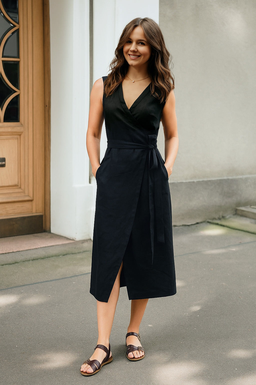 Black linen wrap dress with midi length and adjustable tie waist