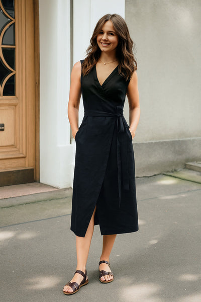 Black Linen Wrap Dress | Singapore Midi Linen Dress | MiliMilu L Black Linen Wrap Dress | Singapore Midi Linen Dress | MiliMilu L