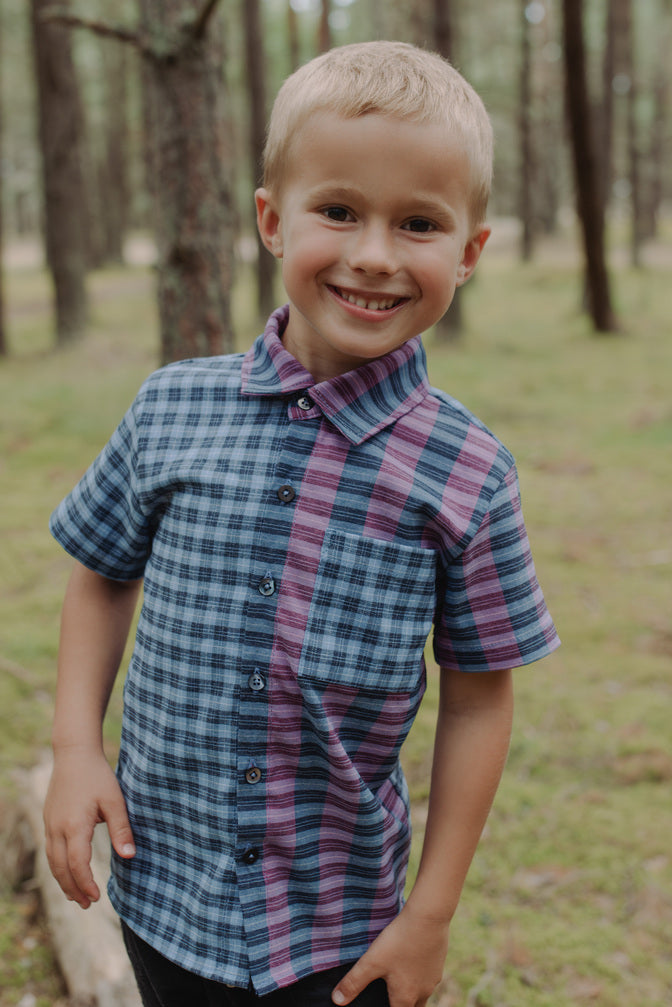 Boys bright check pattern shirt, ibrant colours in soft cotton fabric.
