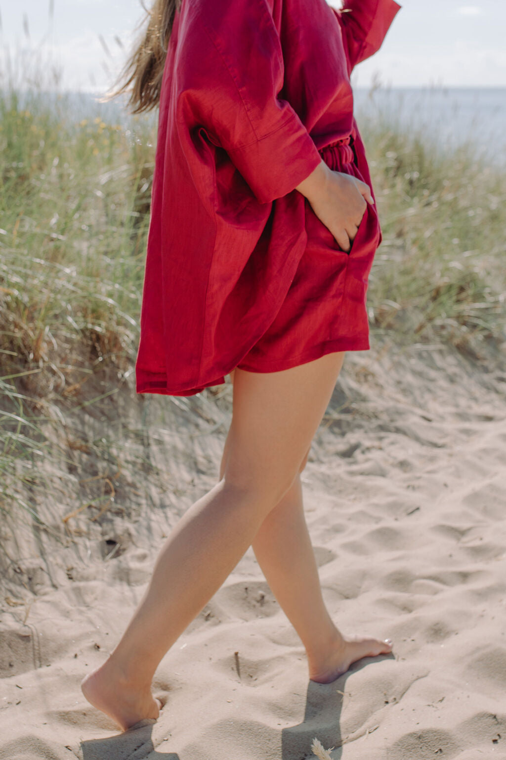 Women's Garnet Red Linen shorts, explore sustainable women fashion