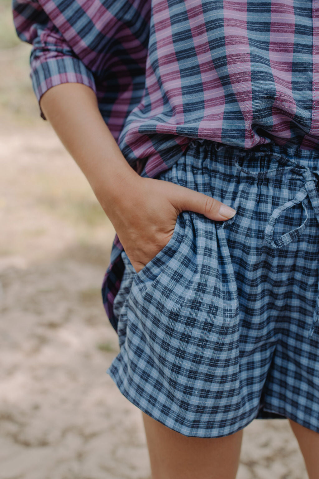 Womens bright blue check shorts with drawstring waist, sustainable fashion set