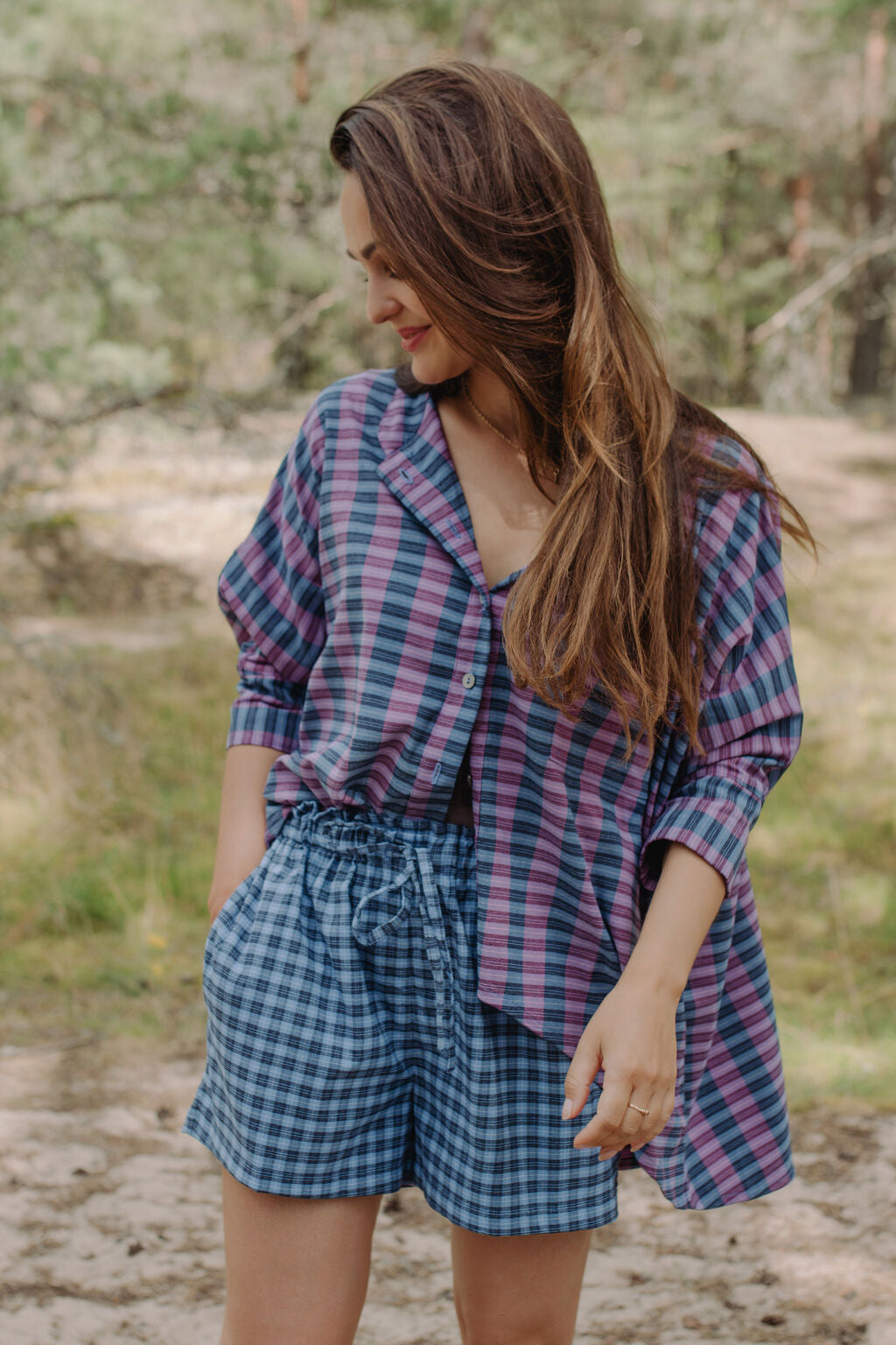 Comfortable blue check shorts for women, loose fit sustainable clothing