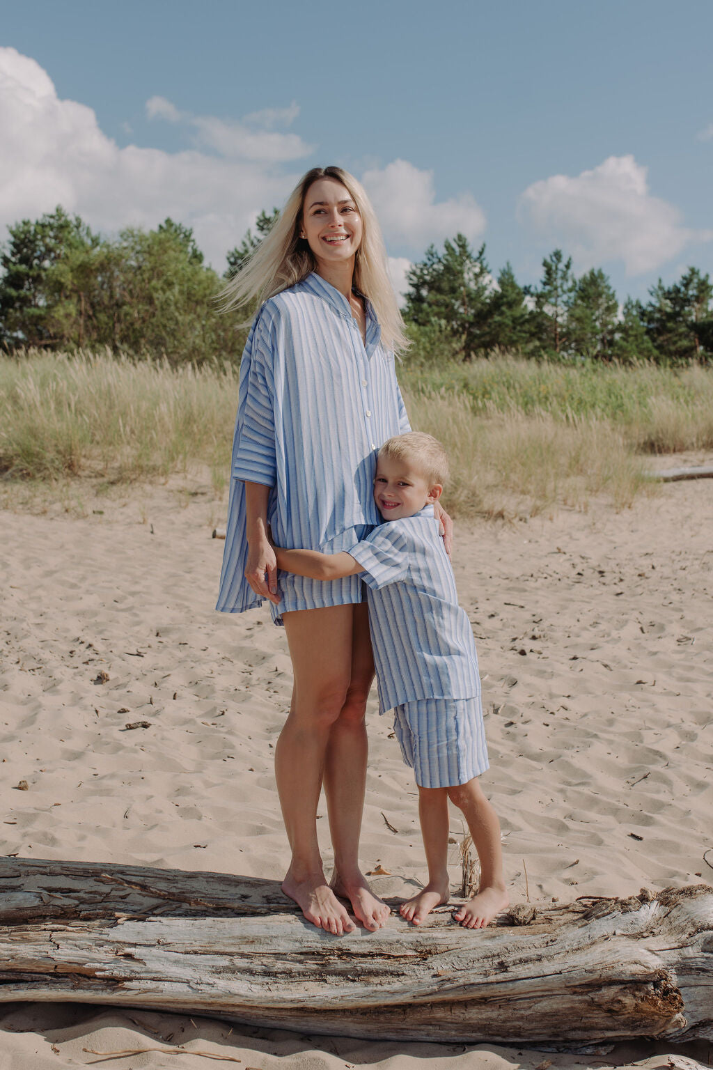 This breathable linen shirt for boys in the blue and white stripes offers comfort and style, pair it with boys linen shorts for boys linen set. Mommy and son linen set matching is available.