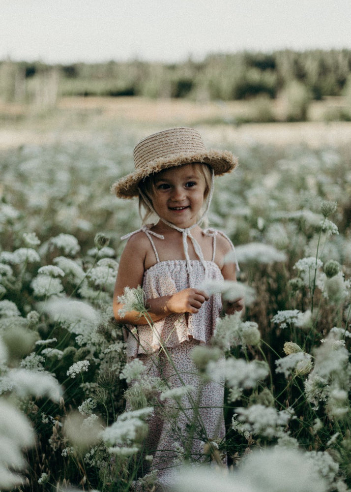 Girls' organic muslin dress with flower pattern by Tiny Bunny — GOTS-certified adjustable dress, handcrafted in Latvia | MiliMilu HK SG AU