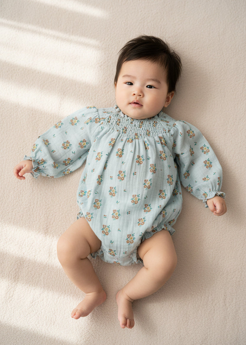 The New Society baby girl romper in light blue floral – BCI cotton, smocked panel & ruffle neckline, front view