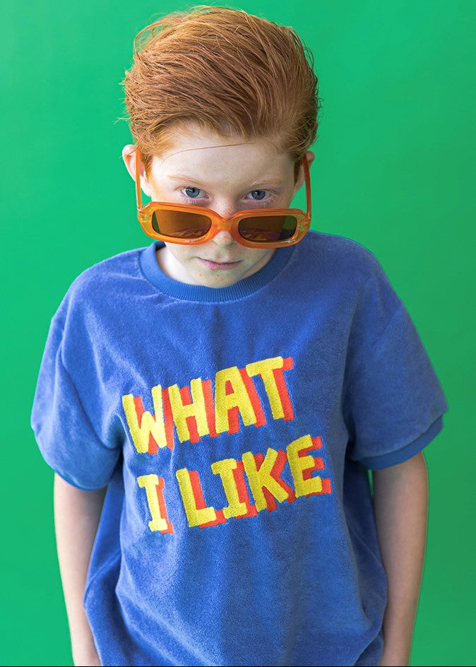 Boys organic cotton T-shirt What I Like print in blue by CarlijnQ — sustainable kids clothing