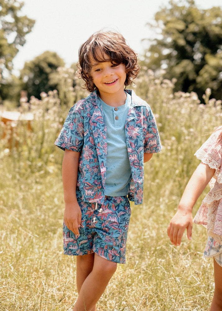 Louise Misha Alov boys shirt in Teal Garden of Eden — organic cotton short-sleeve with wooden buttons