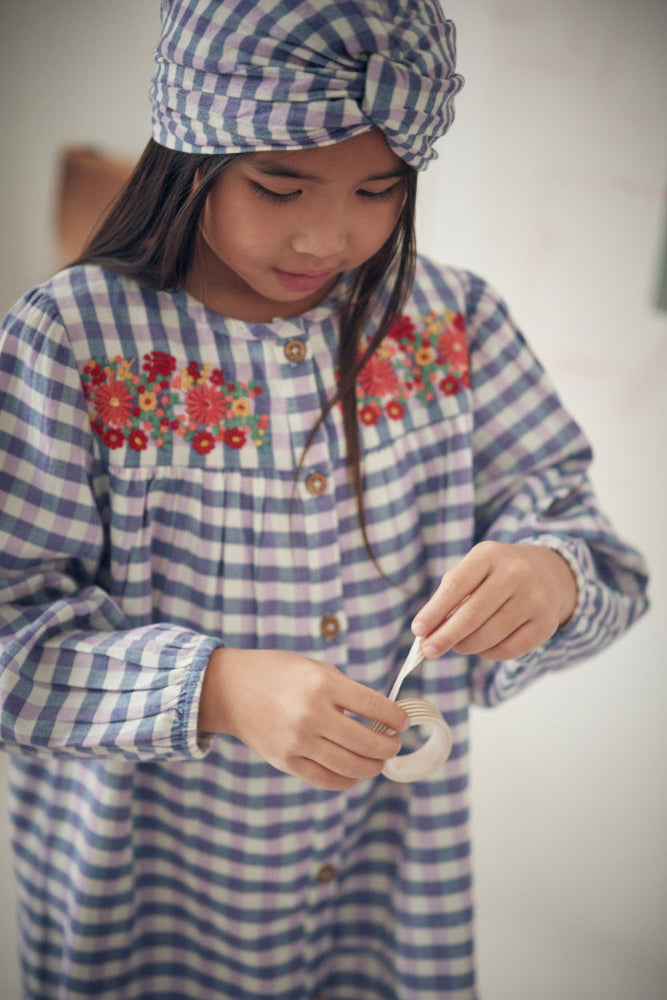 Louise Misha Massilia girls dress blue purple checks - organic cotton embroidered checkered