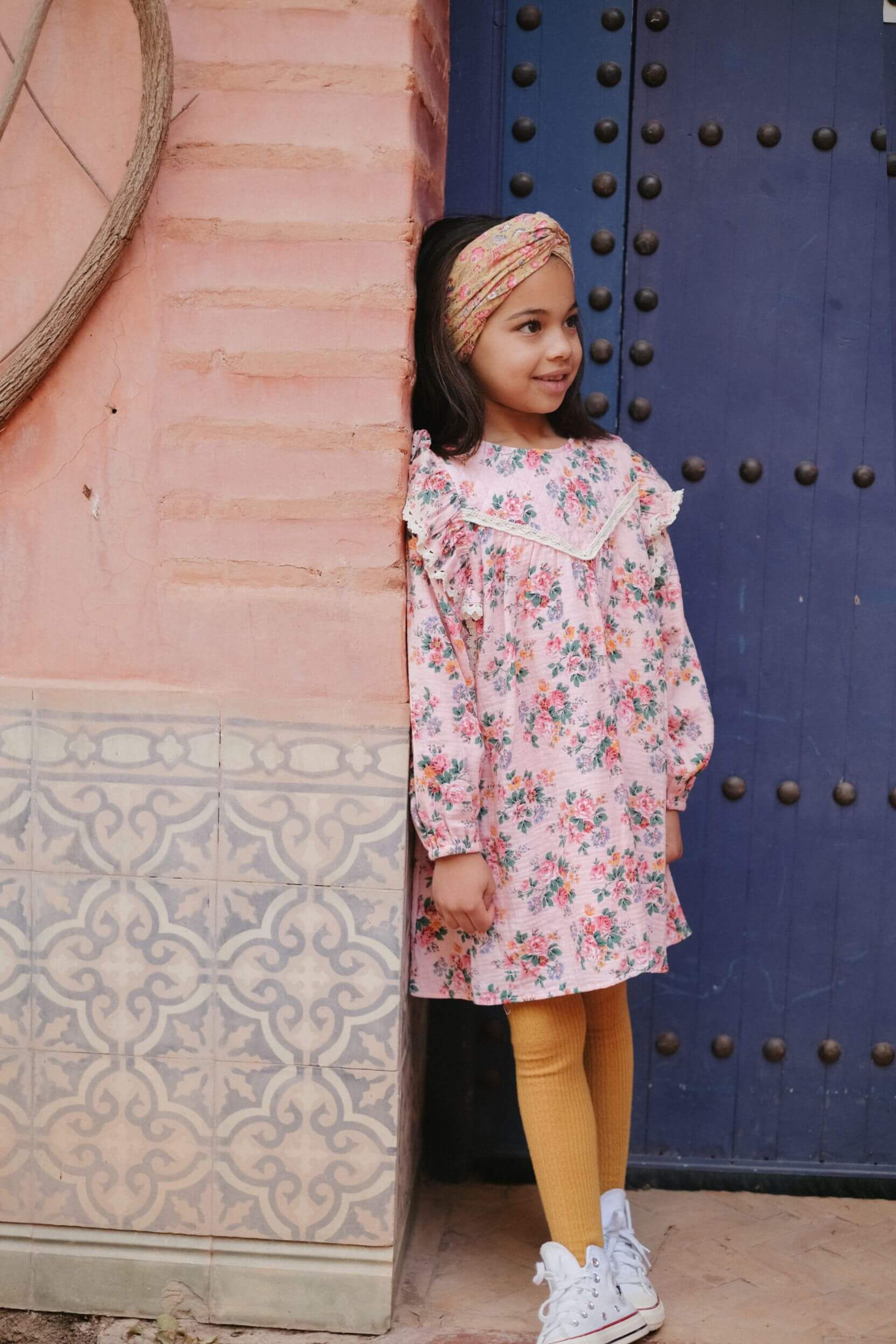 Organic cotton girl dress beautiful pink flower print by Louise Misha online at MiliMilu. Girl dress for parties, day-to-day wear and the most popular dress.