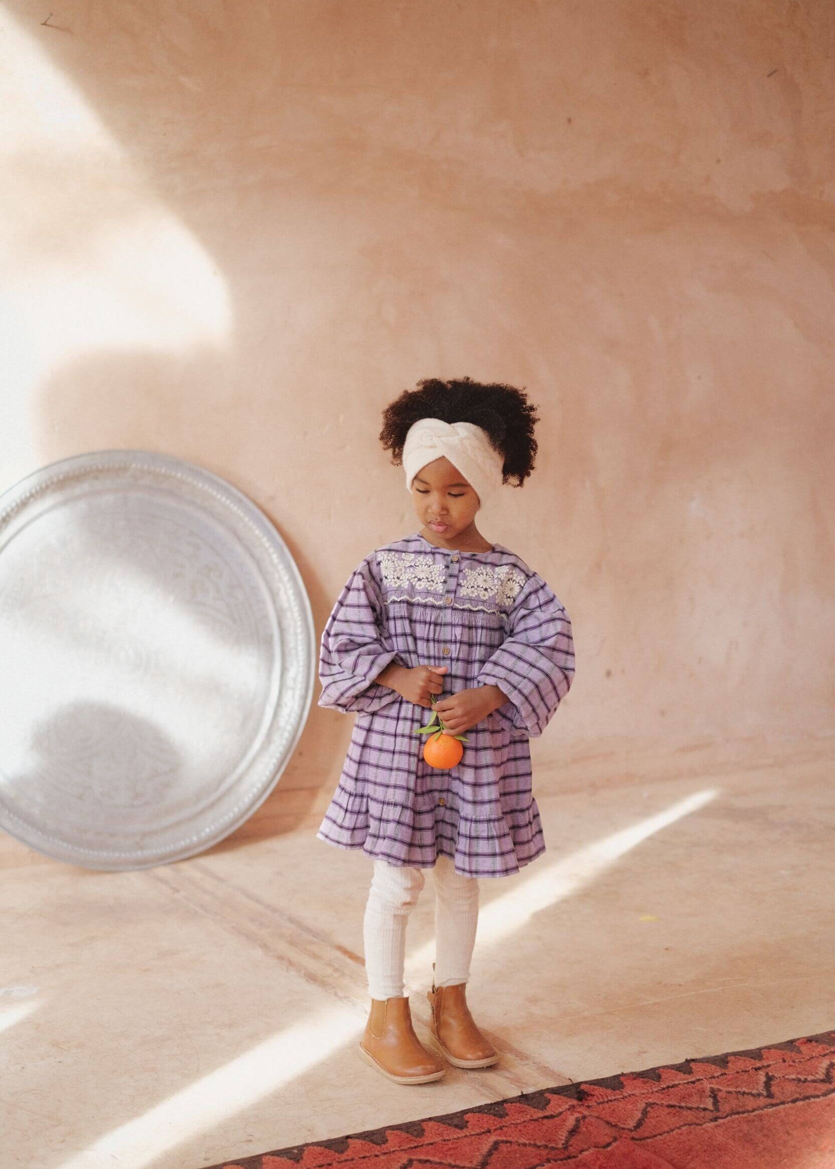 Louise Misha girls purple check dress — flowy organic cotton with ruffles and lace lining