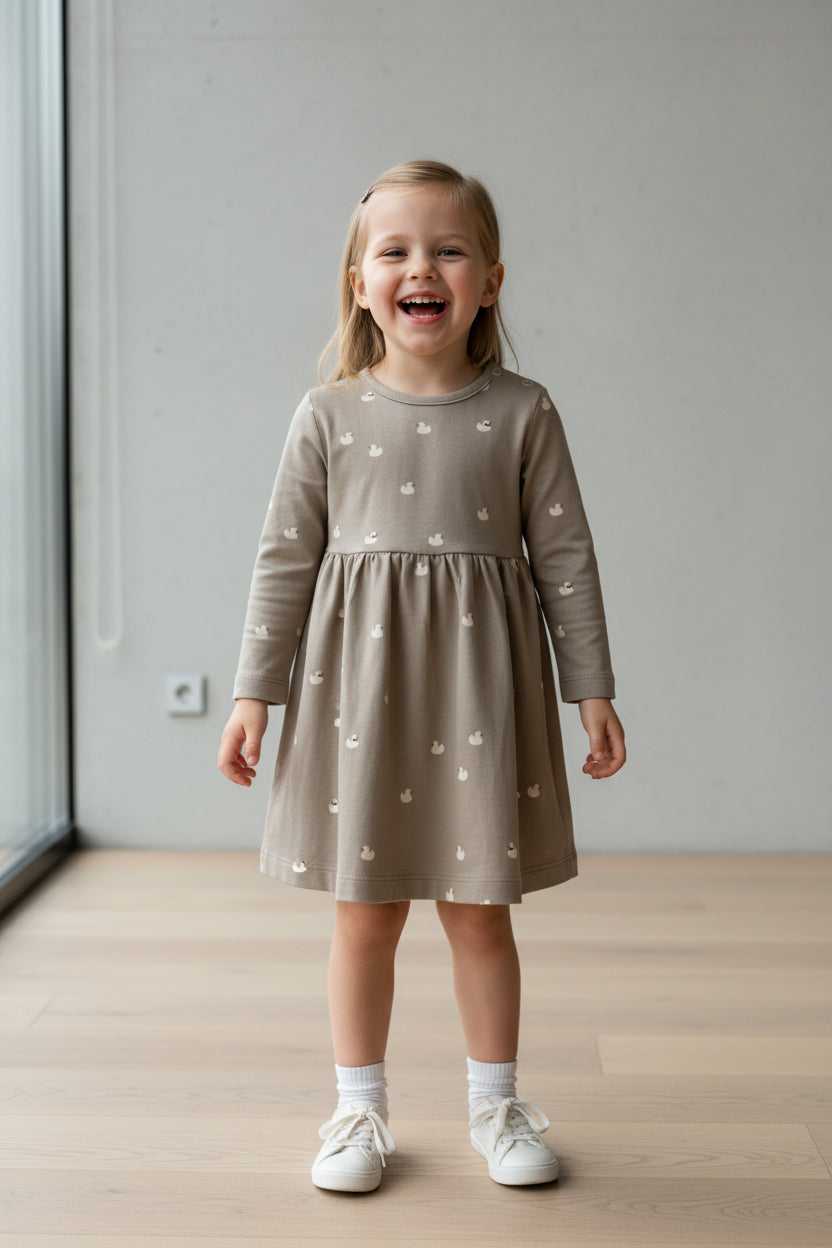 Organic cotton girl dress with playful mini duck print, daily dress