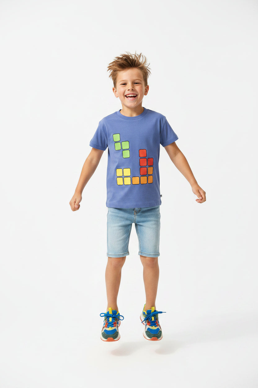 CarlijnQ Blox print kids t-shirt in blue – GOTS organic cotton, front view