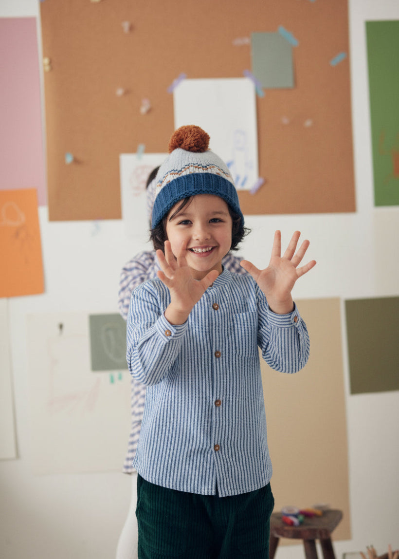 Louise Misha Amod boys shirt Blue Sonnet - organic cotton checkered Mao collar shirt