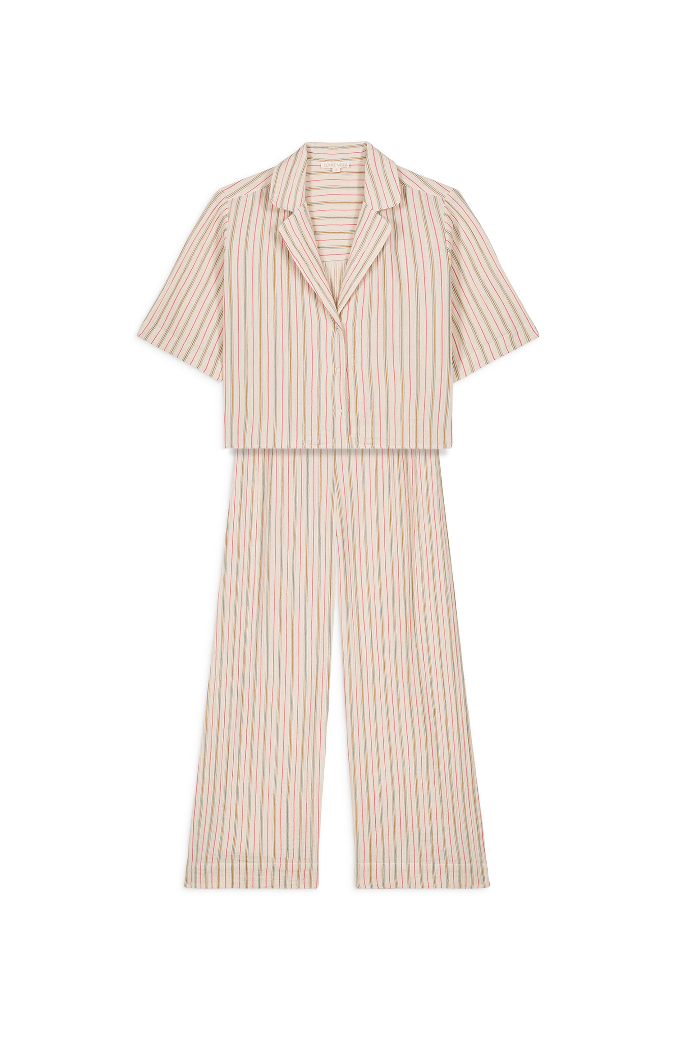 Breathable organic cotton pyjama set features a loose fit, a slightly cropped top with a neck collar, shirt sleeves and an elastic waistband, by Louise Misha.