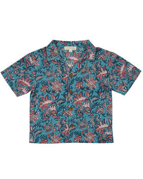 Louise Misha organic cotton boys shirt Alov — teal floral print with front pocket and wooden buttons