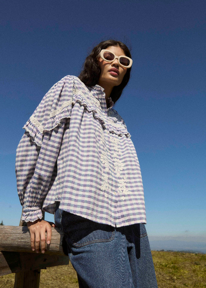 Louise Misha Noelianne blouse in blue & purple checks – GOTS organic cotton, embroidered breastplate