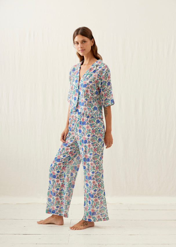 Louise Misha Louka pyjama set in Blue Summer Meadow — cropped top and elastic waist trousers
