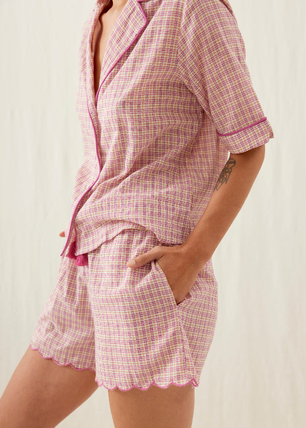 Women's organic cotton shorts pyjama set — Fuchsia Tartan Joy with pom pom details