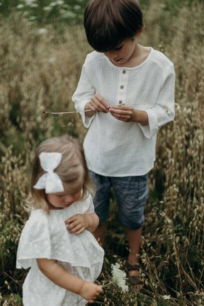 Handmade kids muslin shirt in white is made from organic cotton and is breathable and lightweight, the best clothing for hot and humid weather.
