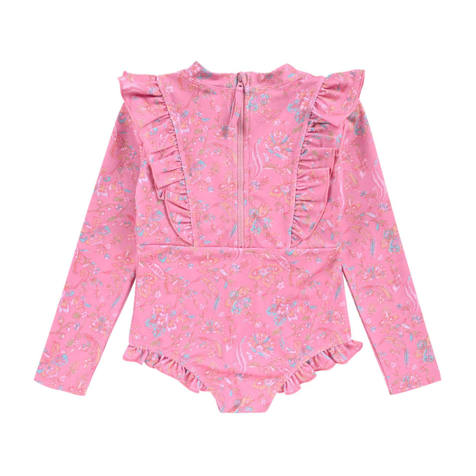 Pink girls long sleeve swimsuit with floral print — sustainable UPF 50+ kids swimwear by Louise Misha
