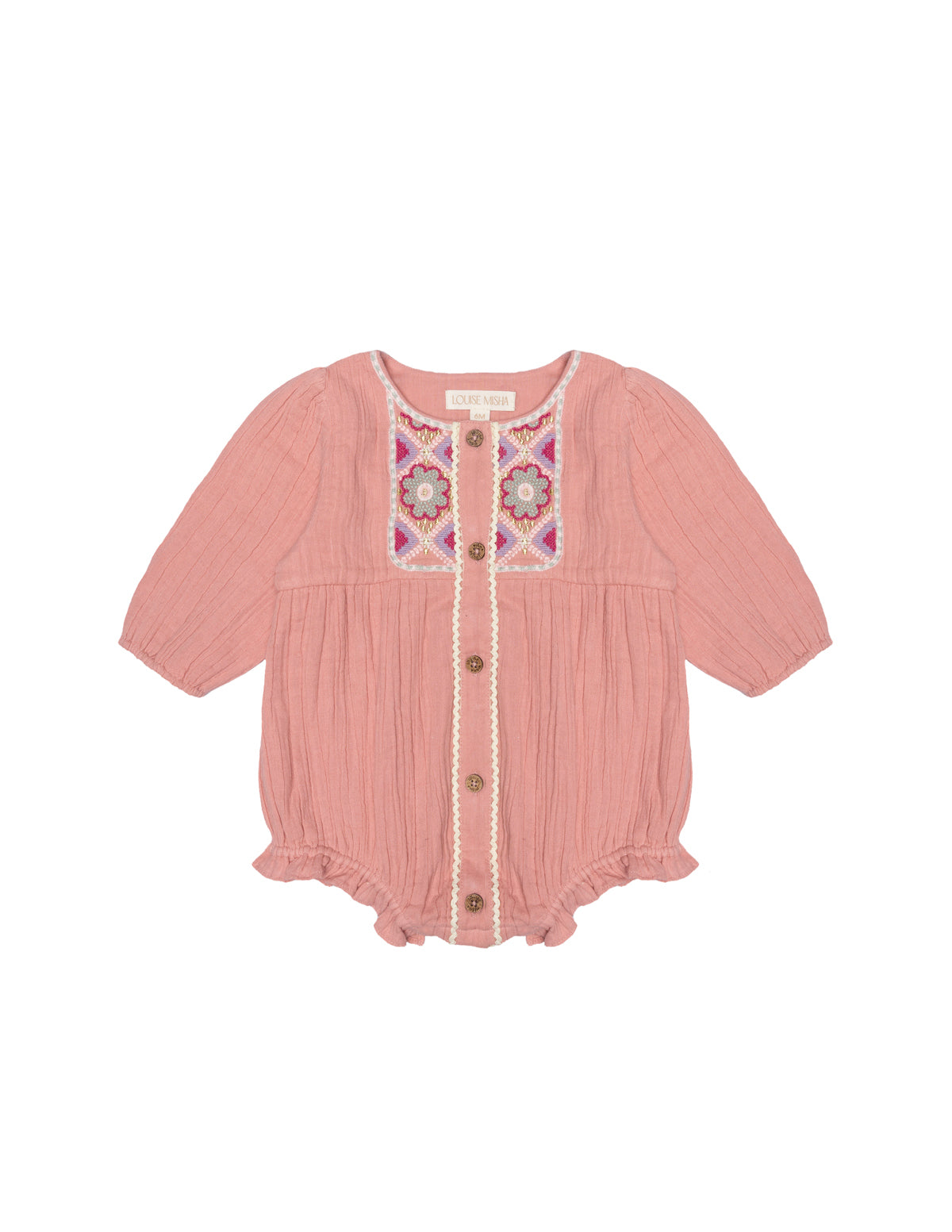 This adorable light pink romper for baby girls features graphic embroideries is made with soft fabric double gauze organic muslin, using organic cotton (GOTS) by Louise Misha. The best baby gift and presents for babies online.