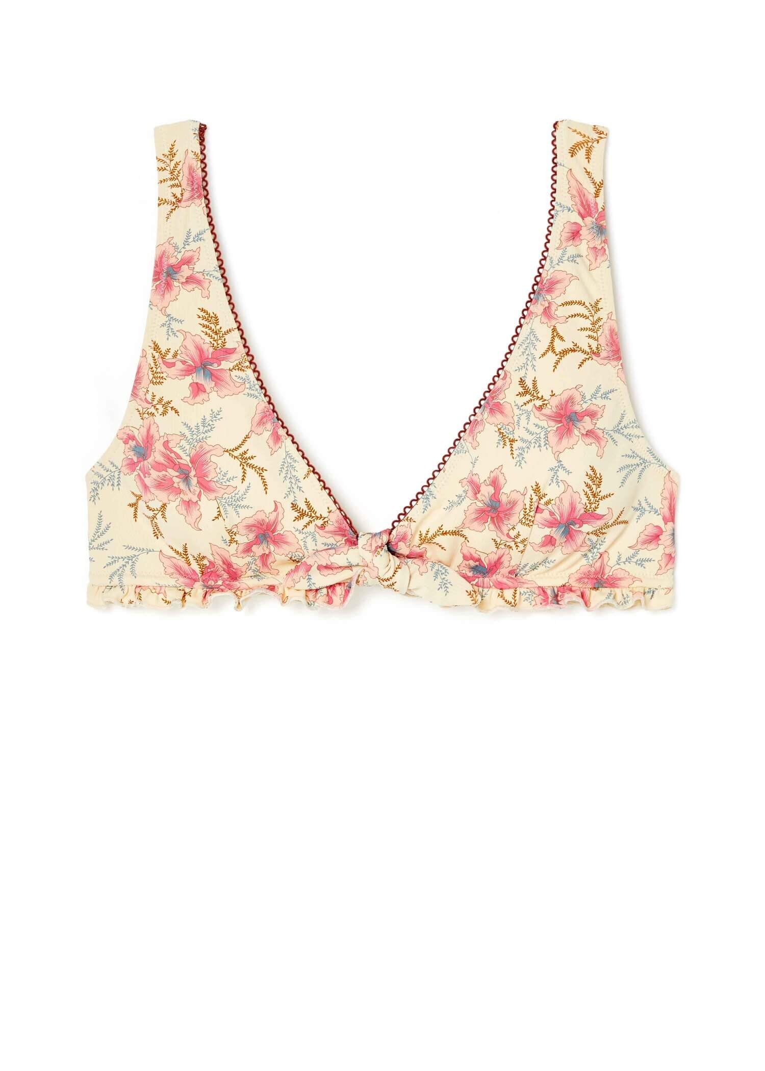 Recycled material swim top Ohau — 87% recycled polyamide bikini top with raspberry floral print, eco swimwear