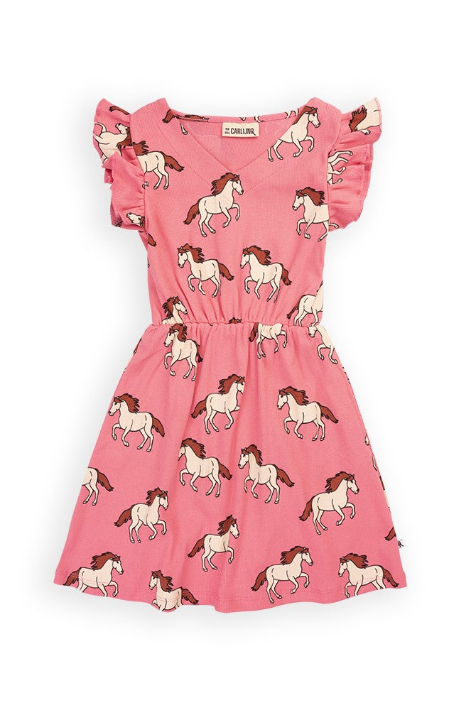 Shop girls pink dress, this original design features a ruffled, no-sleeve design in girlish pink and a wild horse print. This pink girl dress comes with a V-neck and elastic waistband. Made with organic cotton this girl is not only comfortable and soft for everyday wear by CarlijnQ. Shop girls best summer clothing.