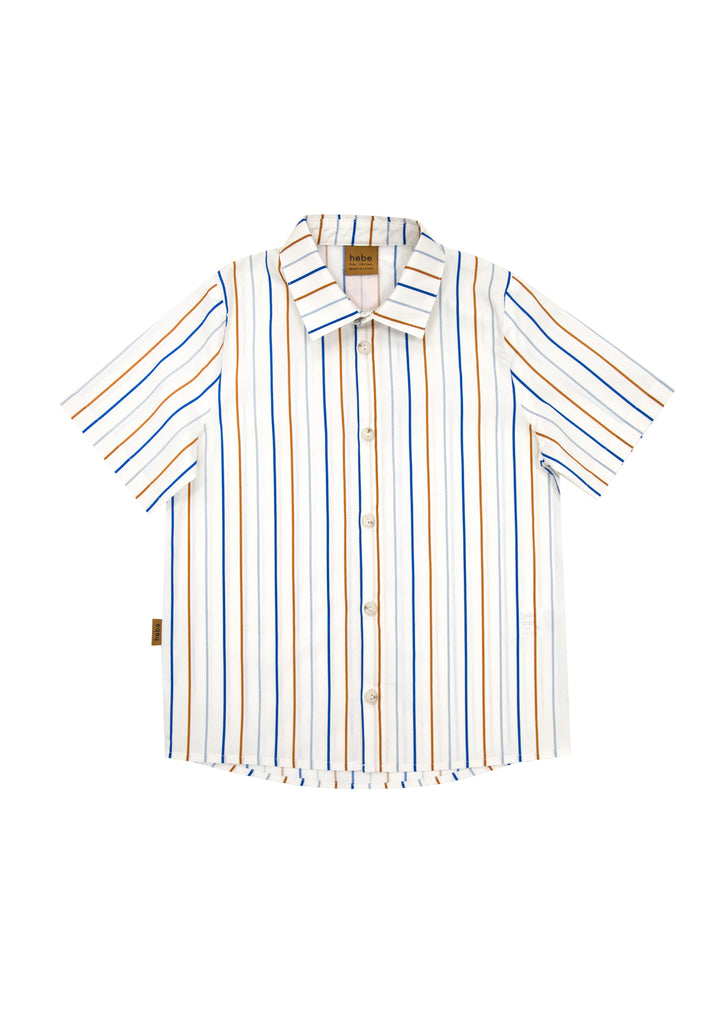 Shop the summer shirt for stylish boys and stylish tweens. This off-white shirt, specifically crafted for boys, features blue and sand-colored stripes, adding a touch of sophistication to any boys' outfit. Explore the widest selection of boys shirts and tween shirts online at MiliMilu. Trendy boys clothing.