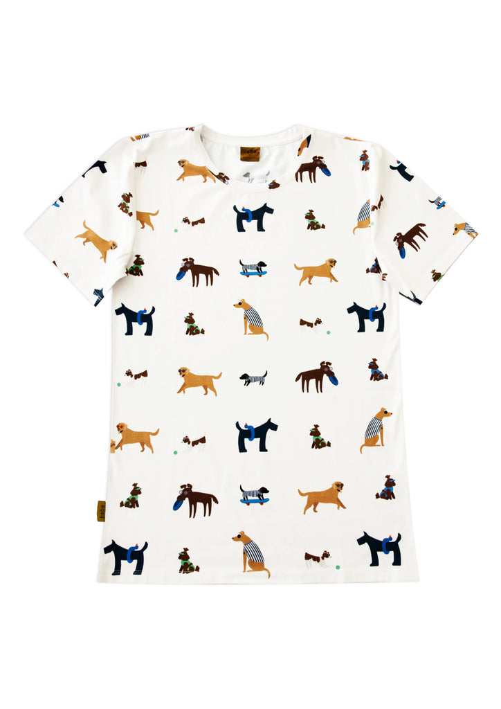  Shop this fun and lightweight women's t-shirt with a cool dog print is perfect for summer - fun to wear, lightweight and breathable. This women's t-shirt has an off-white base and cool dogs all over. Family matching t-shirts available and Mini Me fashion to make family time together even more special.