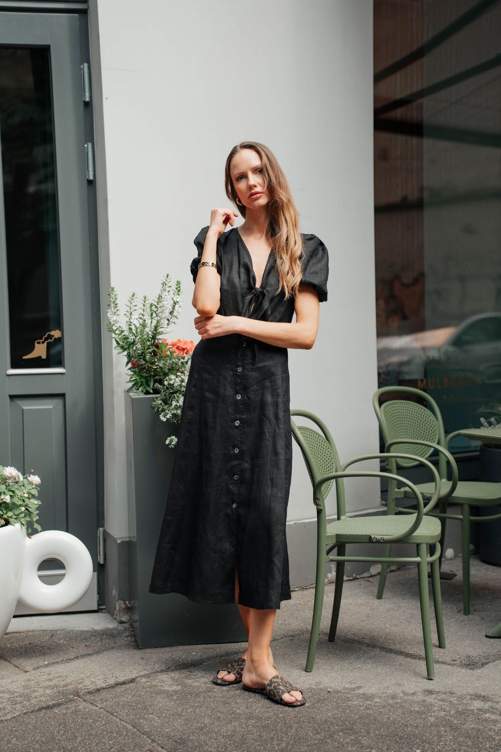 Seoul puff sleeve midi dress in black linen - Korean-inspired design.