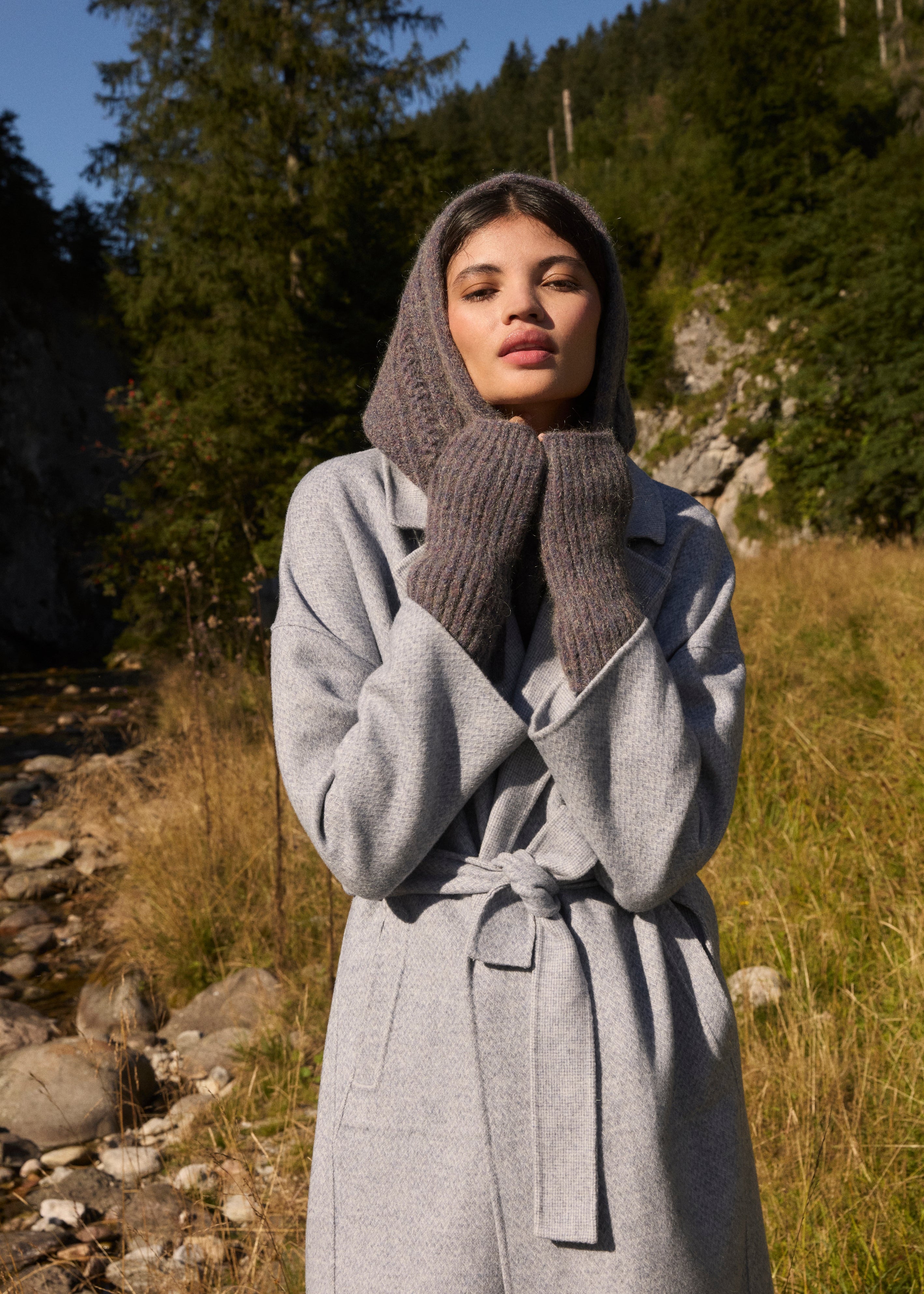 Louise Misha storm grey merino wool hood detail - versatile winter scarf and hood